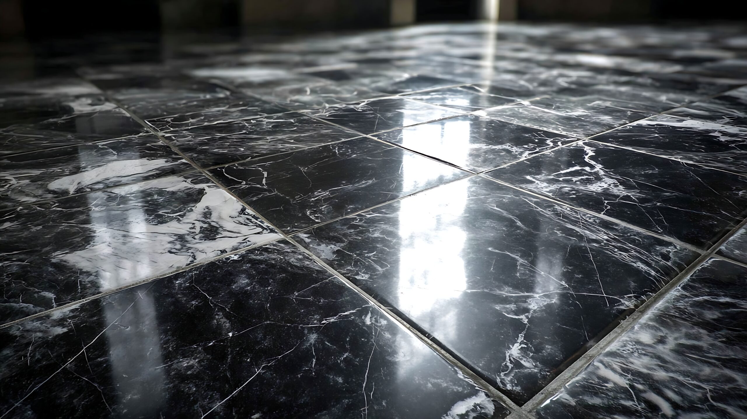A close-up perspective showcases the smooth, glossy surface of black marble floor tiles. White veining creates an intricate pattern, reflecting light and adding elegance to the modern interior. The