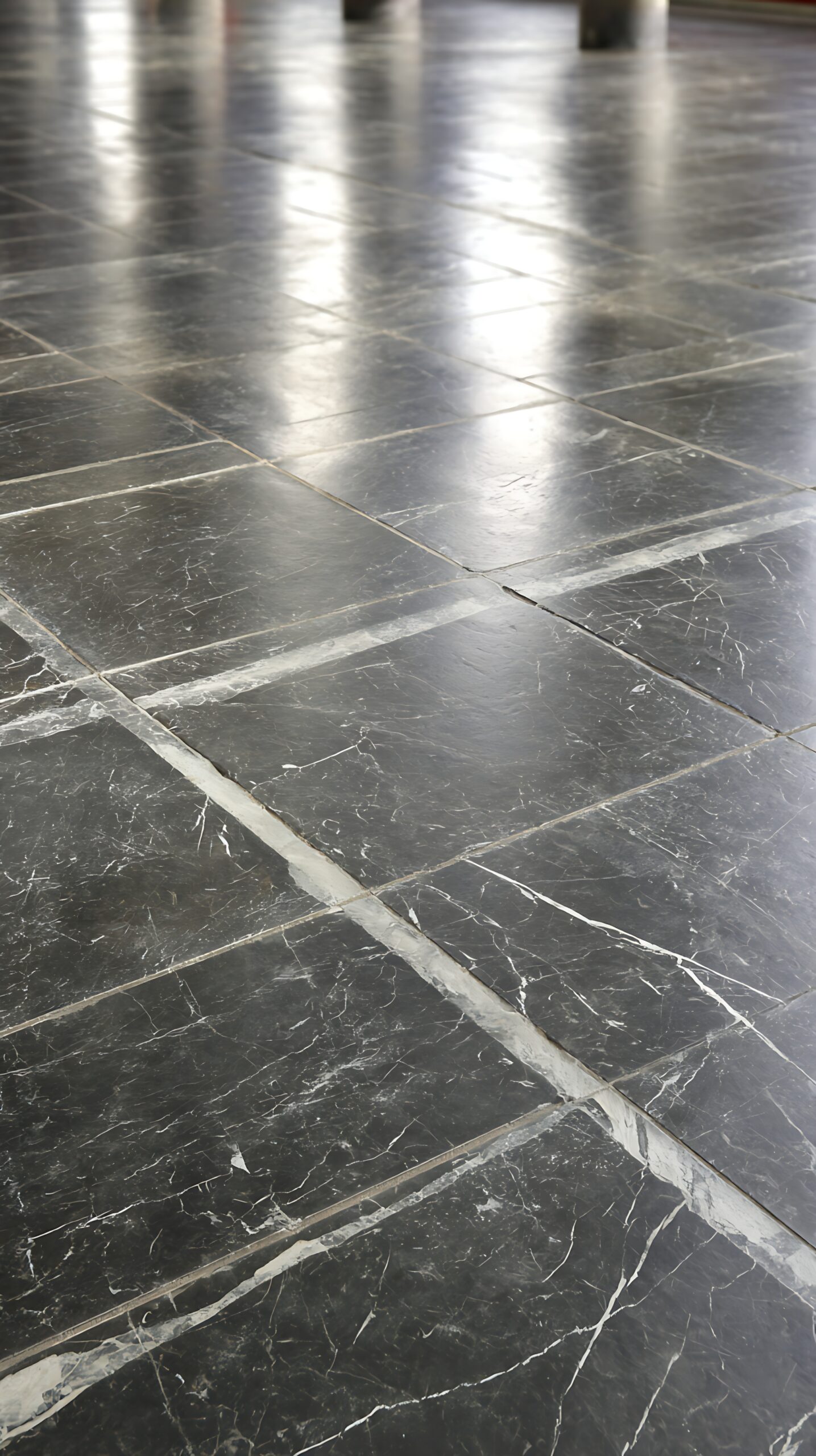 A polished stone tile floor is depicted in close-up. The surface reflects ambient light, highlighting subtle veining and the geometric grid of the tiles. The smooth, reflective qualities of the