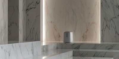 A photograph of a modern, autonomous, circular, and flat vacuum cleaner set in a very clean marble space, resting on a white altar. The image features a neon trace marking the vacuum's path. A beautiful advertising photograph that is soft and elegant --ar 2:3 --style raw --stylize 400 --v 6 Job ID: 4fbd99a7-8e9e-4d41-9ddc-4affb0de803b